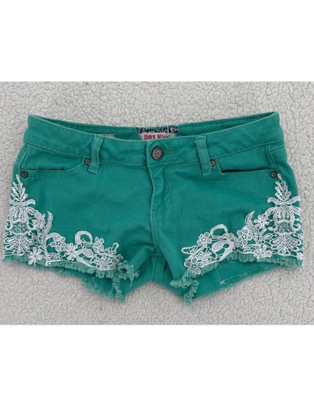 Hot Kiss Teal/Turquoise Green Denim Shorts with White Lace Trim